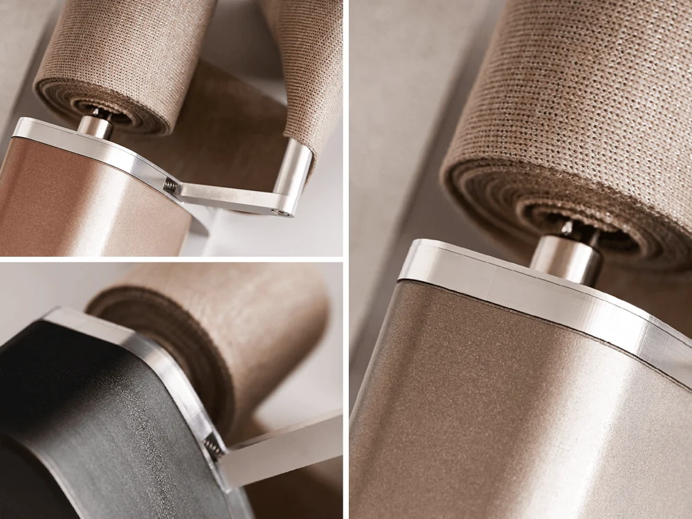 Detailaufnahmen: Metallgehäuse mit Textilrolle