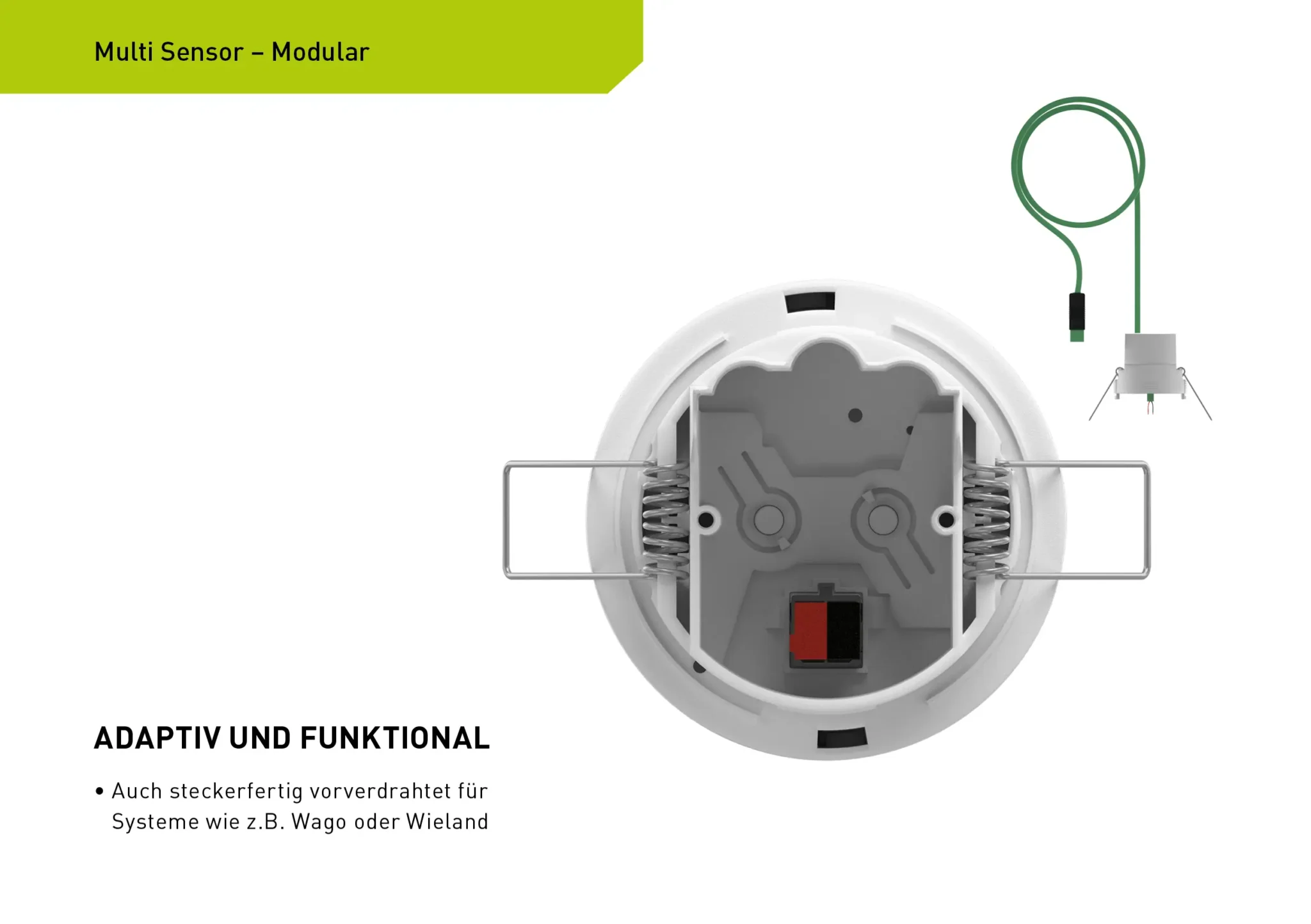 Prospektseite „Multi Sensor – Modular“: geöffneter Sensor mit steckerfertiger Verdrahtung