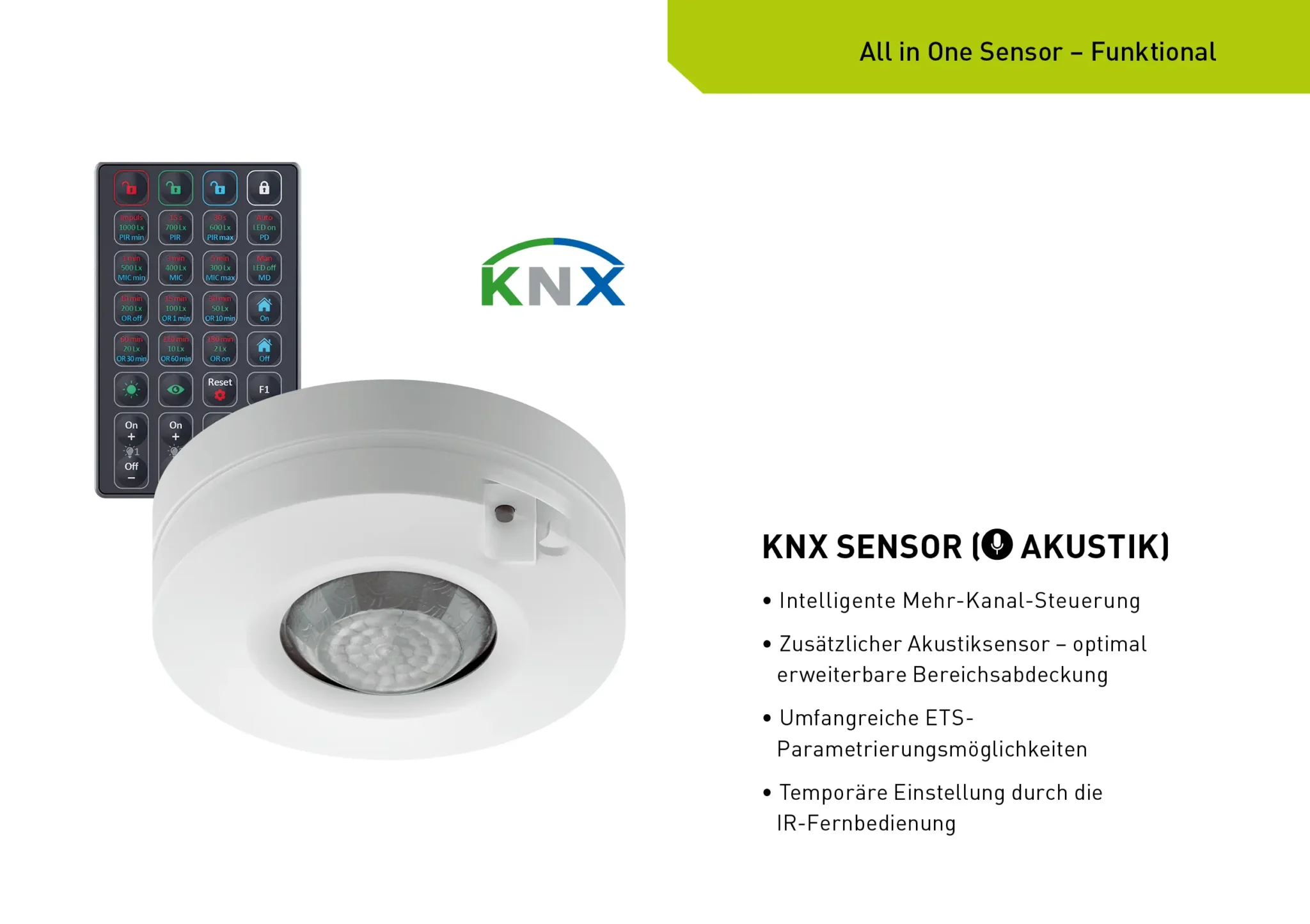 Prospektseite „All in One Sensor – Funktional“: KNX-Sensor mit Akustikerkennung