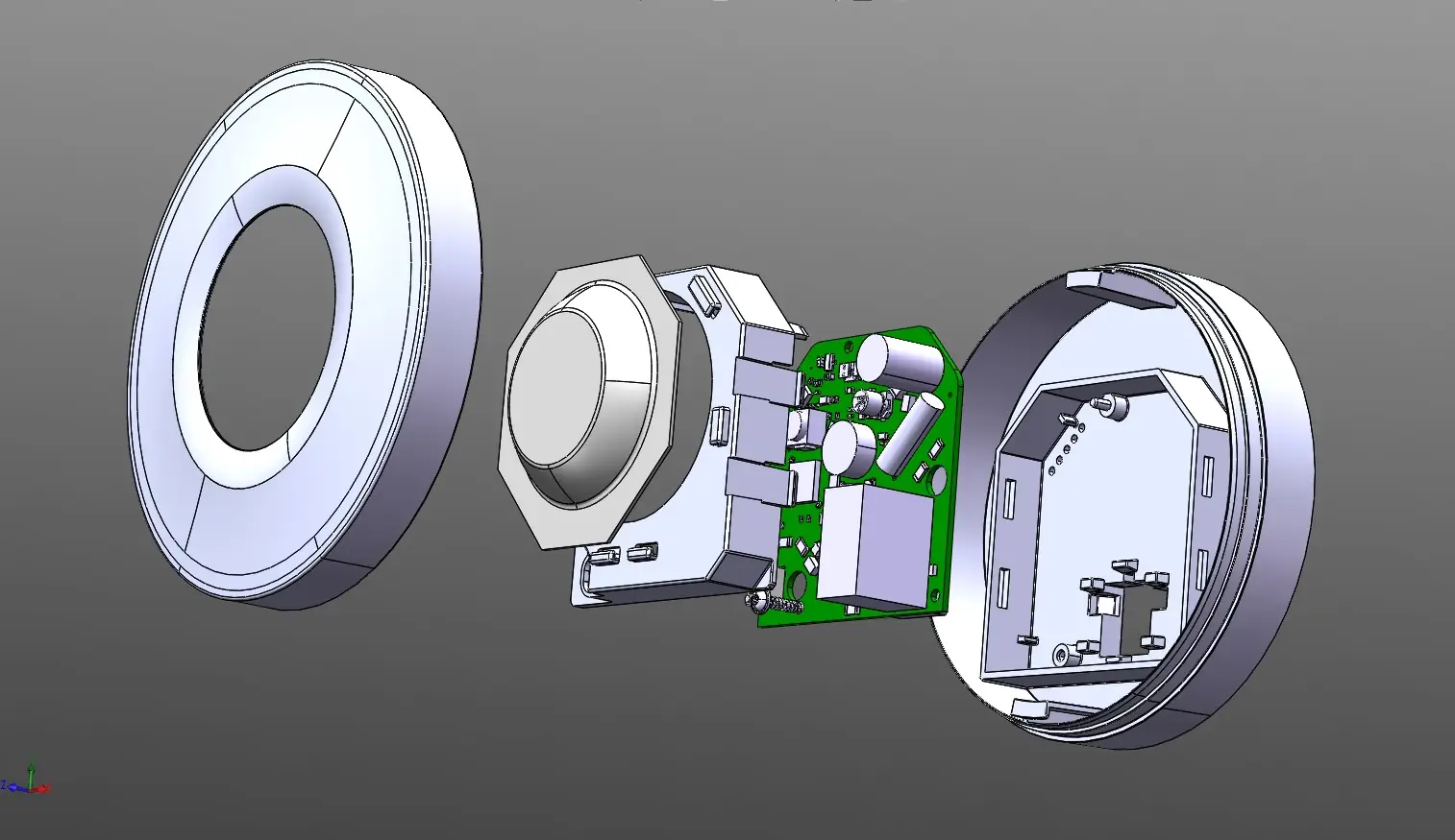 Explosionsdarstellung eines Melders im 3D-Konstruktionsmodell